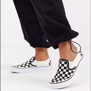 Vans black white slip checkered slip ons